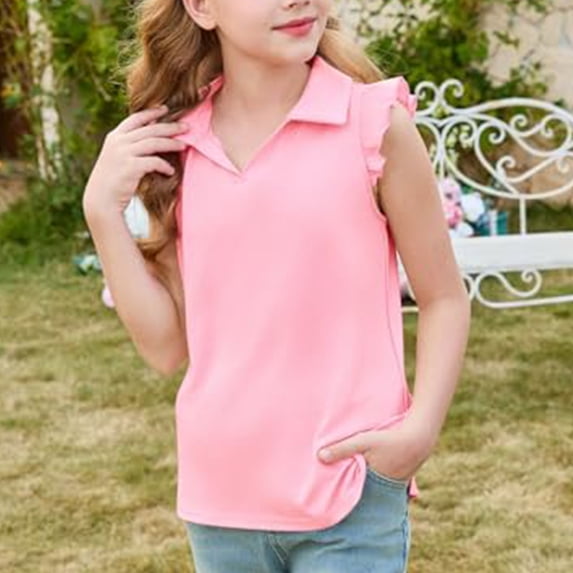 CCRFTGI Girls Golf Shirt Ruffle Short Sleeve Size 7 Athletic Summer Tops V-Neck Collared Quick Dry Girls Golf Outfit Golf Tennis Polo Shirts Pink 3-4 Years