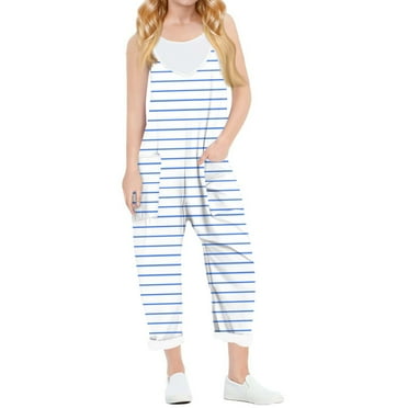 CCRFTGI Girls' Jumpsuits & Rompers Spaghetti Strap V Neck Girls Romper Spring Fashion Blue Striped Overalls Casual Sleeveless Outfits with Side Pockets 13-14 Years