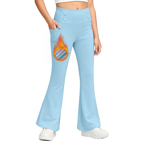 CCRFTGI Girls Leggings Size 7 Fleece Lined Flare Athletic Yoga Pants Casual Winter Spring Preppy Clothes Dance Cute High Waisted Leggings with Pockets Sky Blue 5-6 Years