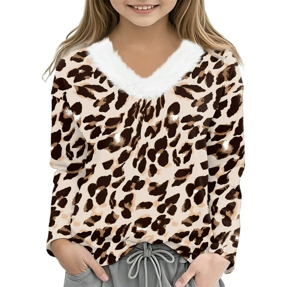 CCRFTGI Girls Long Sleeve Shirts Casual Funny Leopard Print Faux Fur Trim V Neck Tunic Tops Fashion Fall T Shirts Tween girls Tshirts Brown 7-8 Years