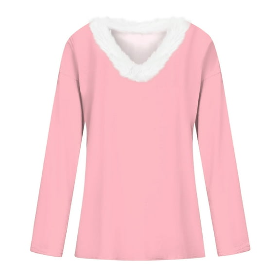 CCRFTGI Girls Long Sleeve Shirts Casual Funny Solid Color Fur Trim V Neck Tee Tops Fashion Fall T Shirts Loose fit Tshirts Pink 6-7 Years