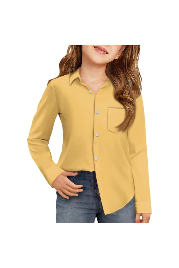 Girls Long Sleeve Shirts Causal Button Up Collared Shirts Formal Solid Color Dress Shirt Classic 2025 Fall Uniform Shirt with Pocket Yellow 8-9Y
