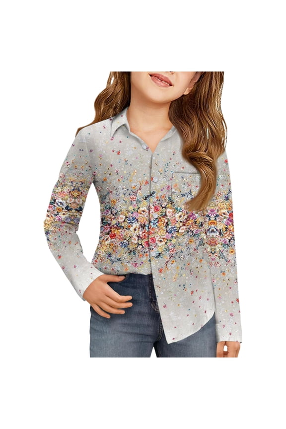 Girls Long Sleeve Shirts for Child Size 10-12 Causal Back To School Button Down Collared Shirts Formal Floral Print Blouse Soft Fall School Uniform Blouse with Pocket Gray 9-10 Years