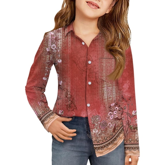 CCRFTGI Girls Long Sleeve Shirts for Child Size 10-12 Causal Back To School Button Up Collared Shirts Formal Floral Print Uniform Classic Fall Uniform Shirt with Pocket Red 8-9 Years