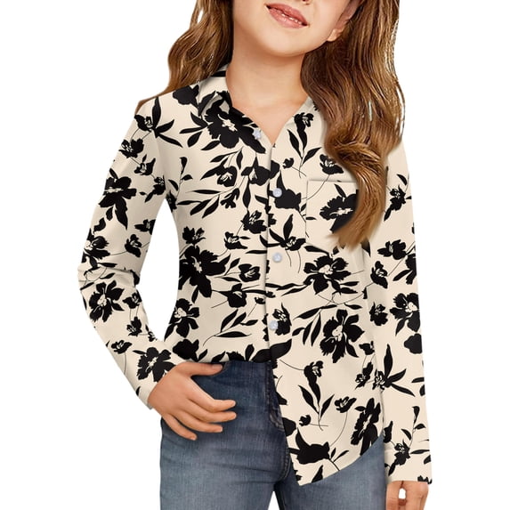 CCRFTGI Girls Long Sleeve Shirts for Child Size 10-12 Causal Back To School Button Down Collared Tops Formal Floral Print Dress Shirt Classic Fall School Uniform Blouse with Pocket Beige 9-10 Years
