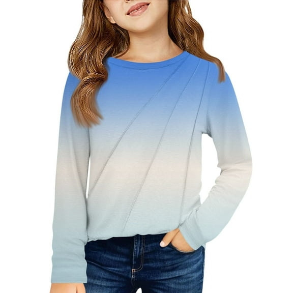 CCRFTGI Girls Long Sleeve Shirts Crew Neck Gradient Undershirts for Children Fashion Comfy Soft Preppy Clothes 2026 Summer Light Blue 11-12Years