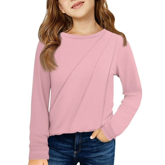 CCRFTGI Girls Long Sleeve Shirts Crew Neck Pleated Undershirts Size 10-12 Classic Comfort Soft Pullover Tops 2026 Summer Pink 4-5Years