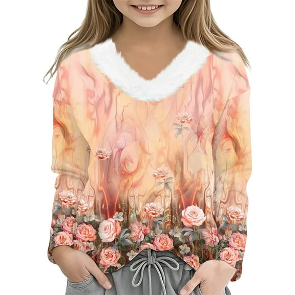 CCRFTGI Girls Long Sleeve Shirts Cute 3D Floral Print Fur Trim V Neck Blouses Tops Fashion Fall T Shirts Tween girls T Shirts Top Orange 7-8 Years