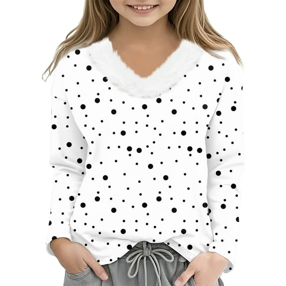 CCRFTGI Girls Long Sleeve Shirts Cute 3D Polka Dots Faux Fur Trim V Neck Tunic Tops Fashion Fall T Shirts Tween girls Tshirts White 8-9 Years