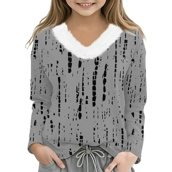 CCRFTGI Girls Long Sleeve Shirts Cute 3D Polka Dots Fur Trim V Neck Tee Tops Cozy Fall T Shirts Tween girls Tshirts Gray 12-13 Years