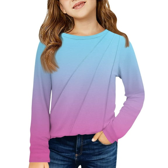 CCRFTGI Girls Long Sleeve Shirts Round Neck Gradient Base Shirt for Children Classic Comfort Soft Pullover Tops 2026 Spring Sky Blue 7-8Years