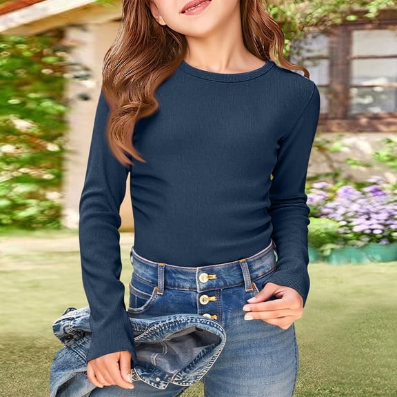 CCRFTGI Girls Long Sleeve Shirts Size 10-12 Crewneck Ruched Side Slim Fit Shirts Fashion Ribbed Knit Cotton Girls Clothes Basic Base Layer Tops Tees Dark Blue 7-8Y
