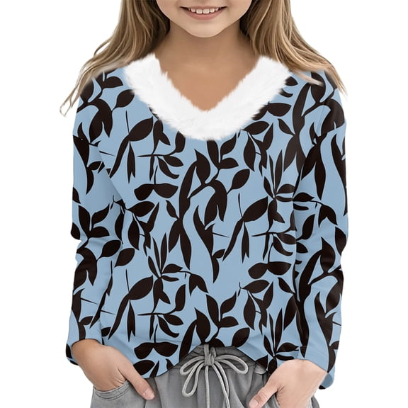 CCRFTGI Girls Long Sleeve Shirts Size 10-12 Cute 3D Maple Leaf Print Fur Trim V Neck Blouses Tops Cozy Fall Tee Tween girls Tshirts Blue 7-8 Years