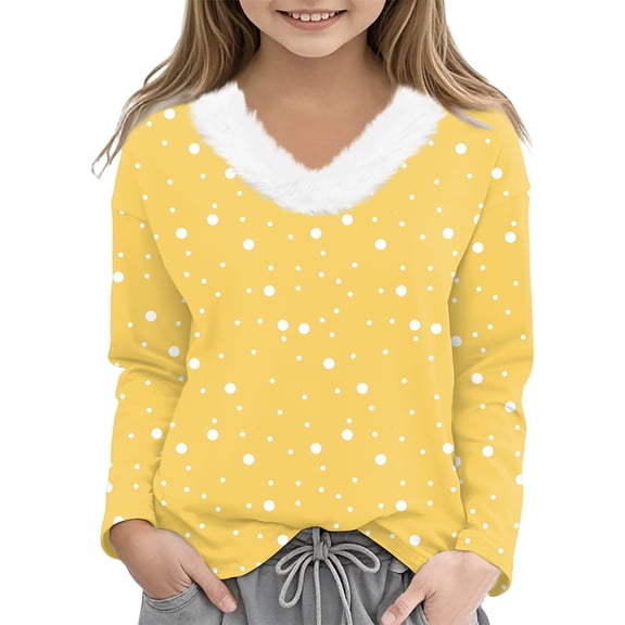 CCRFTGI Girls Long Sleeve Shirts Size 10-12 Cute 3D Polka Dots Faux Fur Trim V Neck Tee Tops Cozy Fall Tee Tween girls T Shirts Top Yellow 12-13 Years