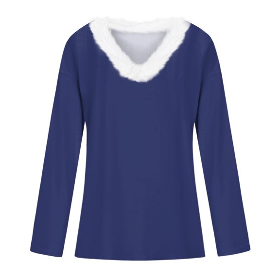 CCRFTGI Girls Long Sleeve Shirts Size 10-12 Cute 3D Solid Color Fur Trim V Neck Tee Tops Cozy Fall T Shirts Tween girls Tshirts Navy 7-8 Years