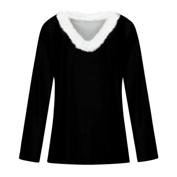 CCRFTGI Girls Long Sleeve Shirts Size 10-12 Cute 3D Solid Color Fur Trim V Neck Tee Tops Fashion Fall Tee Tween girls Tshirts Black 8-9 Years