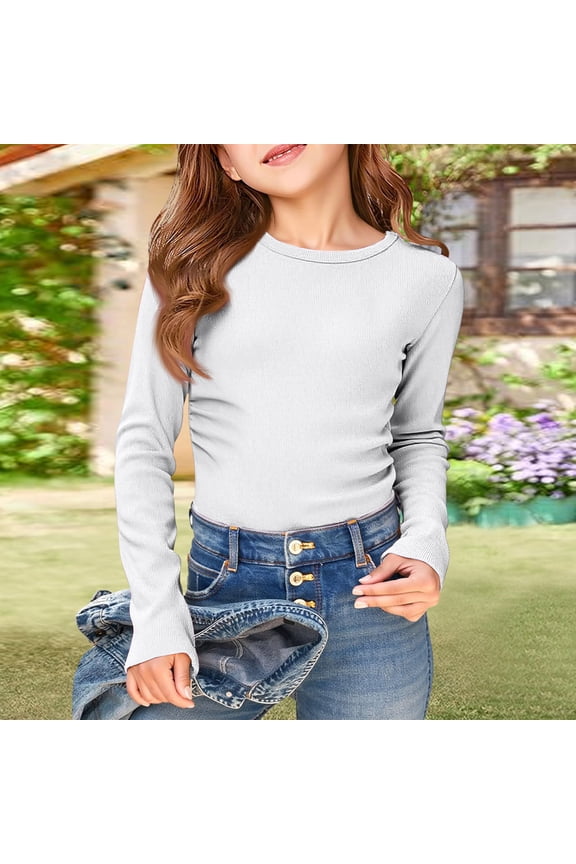Girls Long Sleeve Shirts Size 7 Crewneck Ruched Side Slim Fit Shirts Classic Ribbed Cotton Girls Clothes Casual Basic Base Layer Tops Tees White 11-12Y