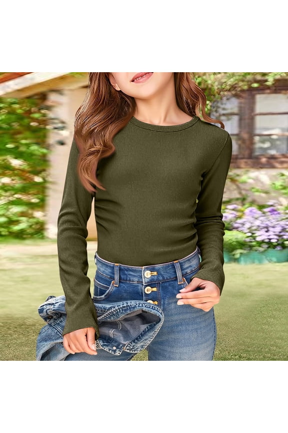 Girls Long Sleeve Shirts Size 8 Crewneck Ruched Side Slim Fit Shirts Classic Ribbed Knit Cotton Teen Girls Tops Clothes Casual Basic Base Layer Tops Tees Army Green 7-8Y