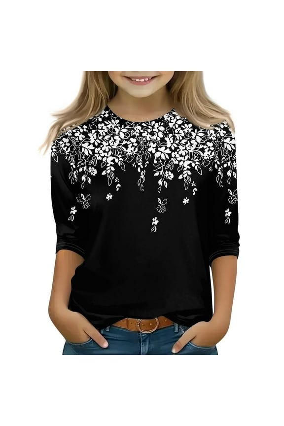 Girls Outfits 14-16 Floral Print 3/4 Sleeve Tween Girls Tops Ropa Niña Crew Neck Shirts Spring Girls 10/12 Clothes Black 12-13 Years
