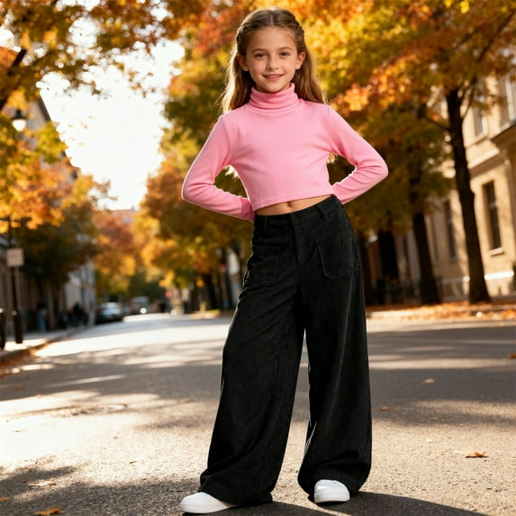CCRFTGI Girls Pants 10-12 Corduroy Baggy Casual High Waist Trousers Trendy Straight Leg Vintage Fall Spring Streetwear with Pockets Black 14-15Y