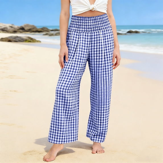 CCRFTGI Girls Plaid Pants High Elastic Waist Gingham Pants Wide Leg Lounge Palazzo Pants with Pockets for Kids 4-13 Y Blue 12-13 Years