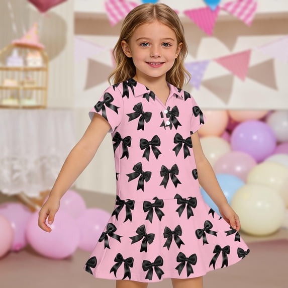 CCRFTGI Girls Polo Dress Size 6-7 Back To School Short Sleeve Uniform Casual Bow Print Pleated Flare Skater Polo Dresses Summer Button-Down Collar Picque Polo Dress Watermelon Red 11-12 Years
