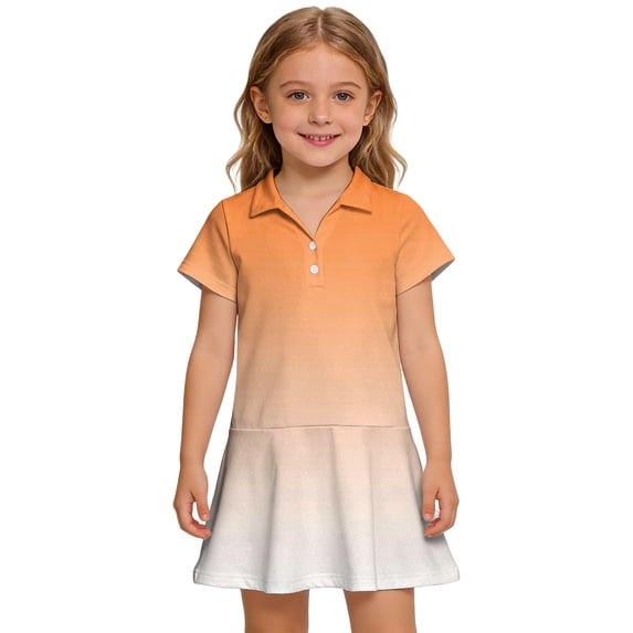 CCRFTGI Girls Polo Dress Size 6-7 Short Sleeve School Uniform Casual Gradient Pleated Flare Skater Polo Dresses Summer Button Collared Picque Polo Dress Orange 5-6 Years
