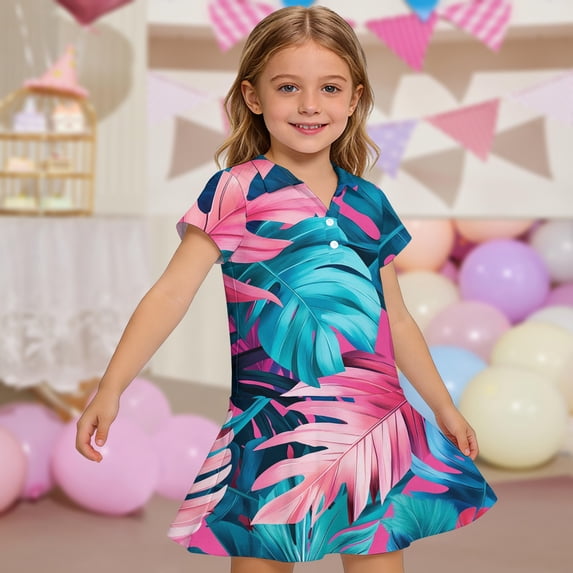 CCRFTGI Girls Polo Dress Size 7 Back To School Short Sleeve School Uniform Cute Hawaiian Tropic Pleated Flare Skater Polo Dresses Summer Button-Down Collar Picque Polo Dress Hot Pink 7-8 Years