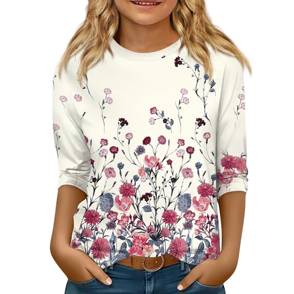 CCRFTGI Girls Purple Pink 3/4 Length Sleeve Shirt Trendy Basic Shirts Size 10-12 Spring Cute Floral Printed Shirt Kids Crew Neck T Shirts Girls Tops Tween Girls Clothes Size 7-8 Years