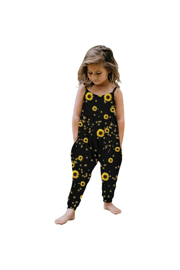 Girls Rompers Size 7-8 Sunflower Graphic Sleeveless Girls Jumpsuit Spring Spaghetti Strap Overalls with Side Pockets Cute Outfits Black 7-8 Years