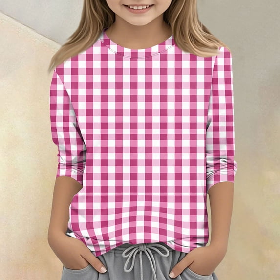 CCRFTGI Girls Shirts Cute Plaid Shirt Graphic Tees for Kids Summer Girls Fashion 3/4 Sleeve Tops Crewneck T Shirts Hot Pink 7-8 Years