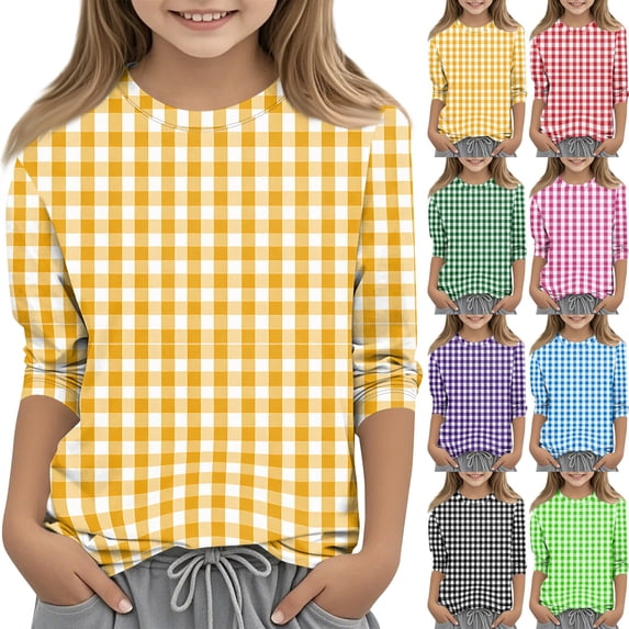 CCRFTGI Girls Shirts Cute Plaid Shirt Graphic Tees for Kids Summer Girls Fashion 3/4 Sleeve Tops Crewneck T Shirts Yellow 3-4 Years