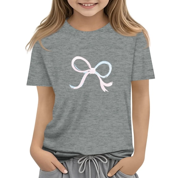 CCRFTGI Girls Shirts Cute Short Sleeve Bowknot Print Tunic Tops Summer Crewneck T Shirts Oversized Vintage Solid Teen Girl Clothes Light Gray 9-10Y