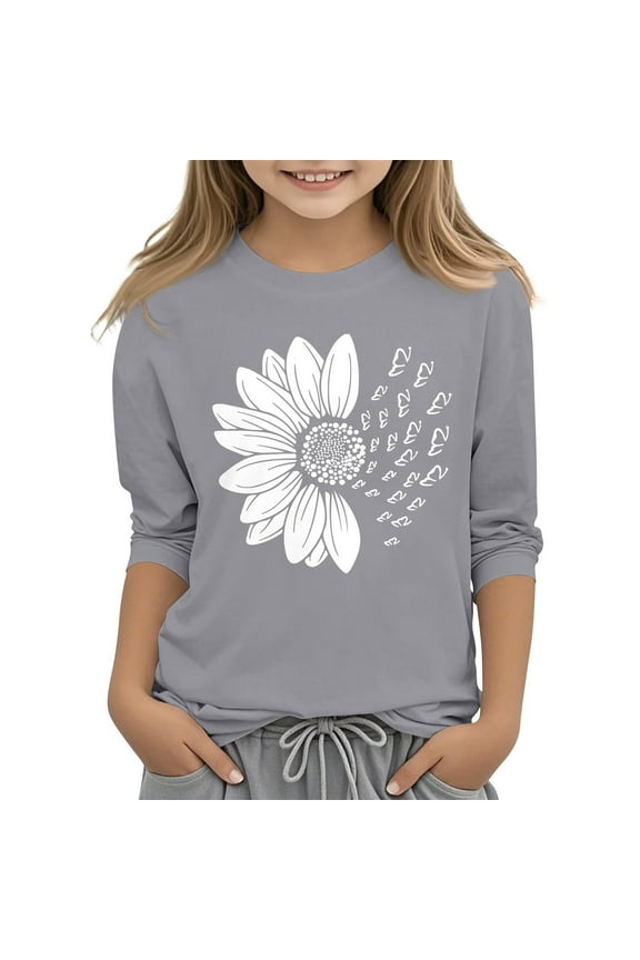 Girls Shirts Size 10-12 Cute 3/4 Sleeve Shirt Blouse Summer Solid Sunflower Print Tee Shirts Preppy Loose Comfy Round Neck Basic Tees Light Gray 6-7Y