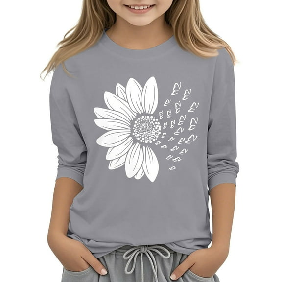 CCRFTGI Girls Shirts Size 10-12 Cute 3/4 Sleeve Shirt Blouse Summer Solid Sunflower Print Tee Shirts Preppy Loose Comfy Round Neck Basic Tees Light Gray 6-7Y