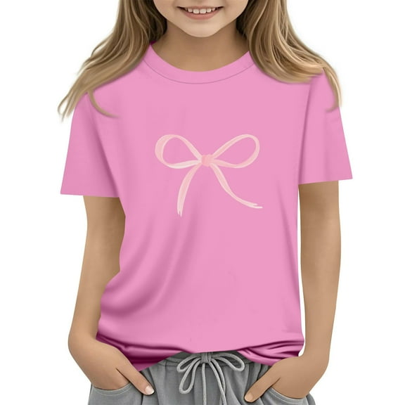 CCRFTGI Girls Shirts Trendy Short Sleeve Bow Print Tops Fall Crew Neck Tee Shirts Fashion Vintage Solid Basic Tees Pink 11-12Y