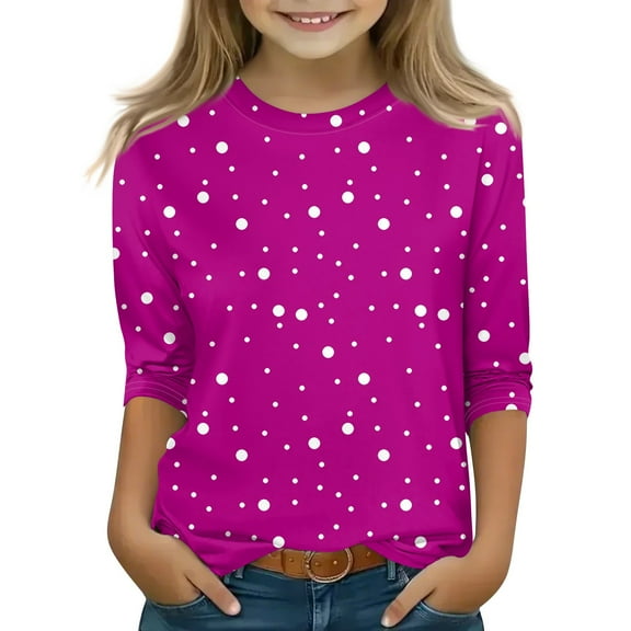 CCRFTGI Girls Size 14/16 Shirts Preppy 3/4 Sleeve Tween Girls Tops Crewneck Polka Dot Print Shirts Fall Girls 10/12 Clothes Hot Pink 10-11 Years