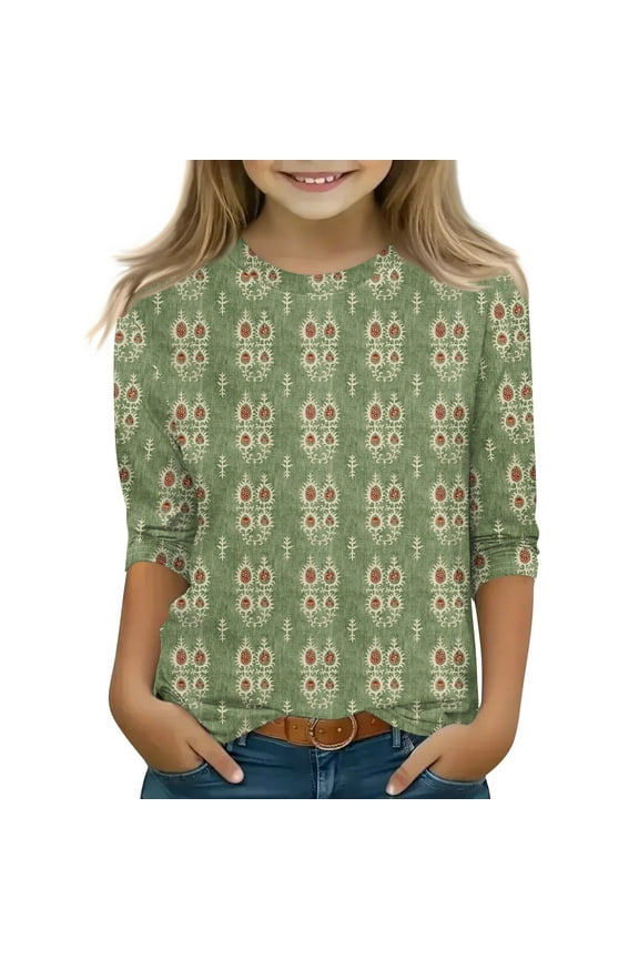Tween Tops Size 8-9 Ropa Niñas Crewneck Tween Girls Shirts Printed 3/4 Sleeve Shirts Fall Girls 12-14 Clothes Army Green 8-9 Years