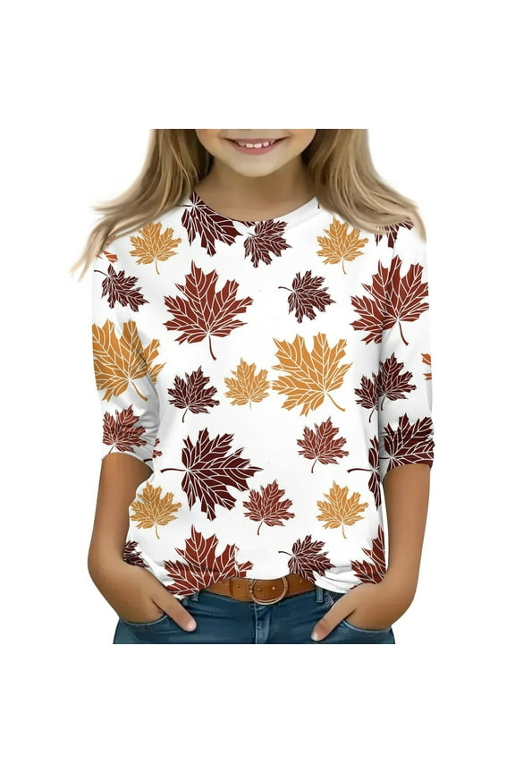 Girls Size 14/16 Tops Basic Crew Neck Tween Girls Shirts Maple Leaf Graphic 3/4 Length Sleeve Shirts Spring Girls Outfits 14-16 Earthy Yellow 15-16 Years