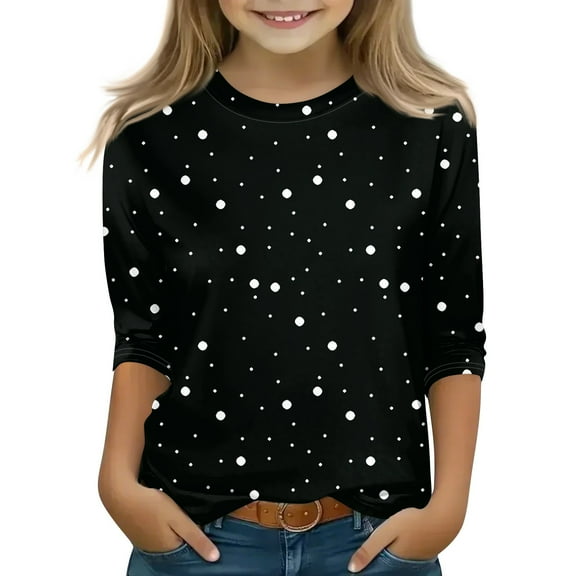 CCRFTGI Girls Size 14/16 Tops Ropa Ninas 10/12 Y 3/4 Sleeve Tween Girls Shirts Crew Neck Polka Dot Printed Shirts Fall Girls Size 14/16 Clothes Black 8-9 Years