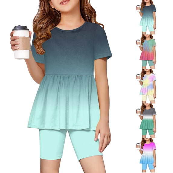 CCRFTGI Girls' Summer Outfits Size 10-12 Two Piece Outfits Cute Vacation Gradient Short Sleeve Ruffle Hem T Shirts Top and Biker Shorts Girl Clothes Army Green 3-4 Years
