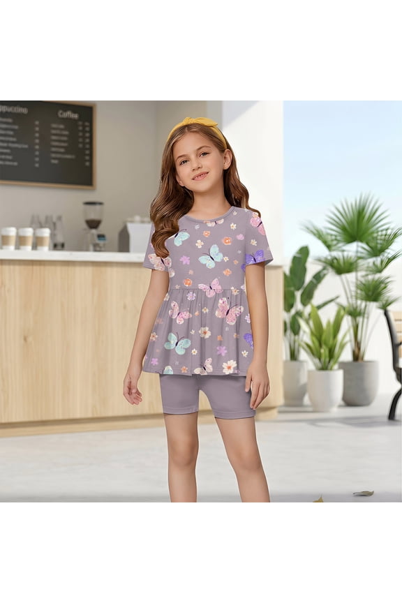 Girls' Summer Outfits Size 7 Cute Preppy Two Piece Outfits Lounge Set Casual Floral Butterfly Print Short Sleeve Ruffle Hem T Shirts Top and Biker Shorts Watermelon Red 7-8 Years