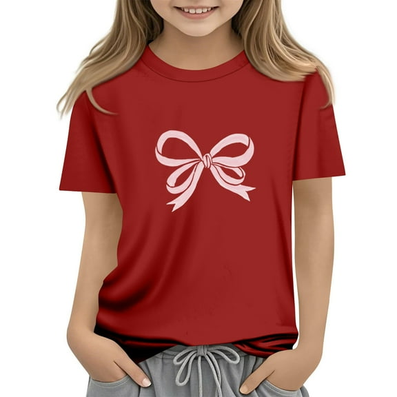 CCRFTGI Girls Summer Tops Cute Short Sleeve Bowknot Graphic T Shirts Crew Neck Solid Tunic Tops Oversized Soft 5-14 Years Clean Girl Clothes Red 7-8Y
