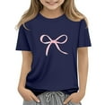 thumbnail image 1 of CCRFTGI Girls Summer Tops Trendy Short Sleeve Bow Print Tee Shirts Crew Neck Solid Tunic Tops Athletic Soft 5-14 Y Basic Tees Navy 13-14Y, 1 of 5