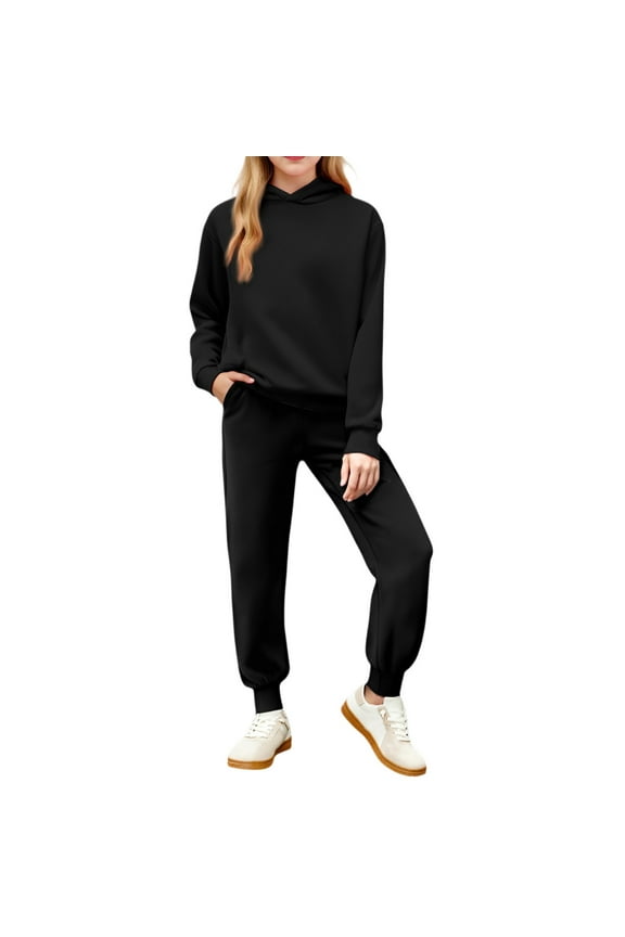 Girls Sweat Suit 2 Piece Athletic Outfits Causal Long Sleeve Sweatsuit Fall Fashion Solid Color Hoodies and Jogger Sweatpants Black 7-8Y
