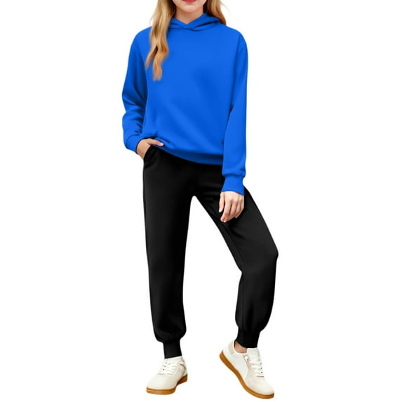 CCRFTGI Girls Sweatsuit 2 Piece Athletic Tracksuit Causal Long Sleeve Sweatsuit Fall Cozy Solid Color Sweatshirts and Jogger Sweatpants Sweat Set Blue 7-8Y