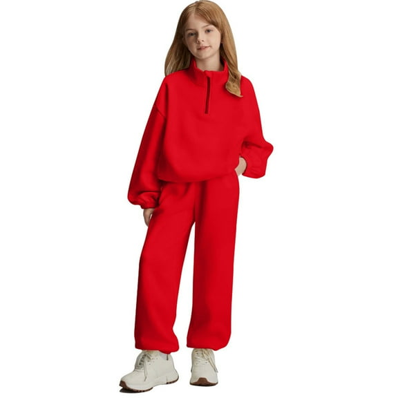 CCRFTGI Girls Sweatsuit Quarter Zip Size 13-14 Casual Outfits Holiday Clothing Set Lightweight Spring Day Sweatshirt and Sweatpants Joggers Set Red 8Y