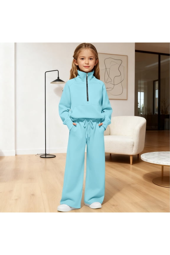 Girls Sweatsuit Quarter Zip Size 7-8 Casual Outfits Fashion Clothing Set Soft Fall Winter Pullover Sweatshirts and Sweatpants Sweat Set Sky Blue 7-8Y
