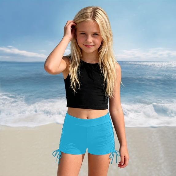 CCRFTGI Girls Swim Shorts Summer Beach Quick Dry Elastic Waist Swim Trunks Drawstring Swimwear Bathing Suit Bottoms for Kids Light Blue 7-8 Years