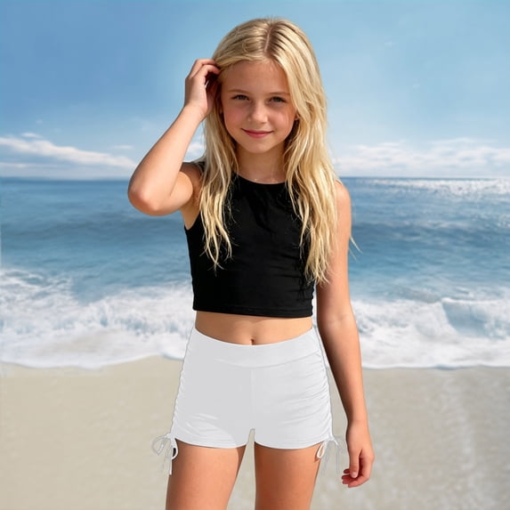 CCRFTGI Girls Swim Shorts Summer Beach Quick Dry Elastic Waist Swim Trunks Drawstring Swimwear Bathing Suit Bottoms for Kids White 11-12 Years